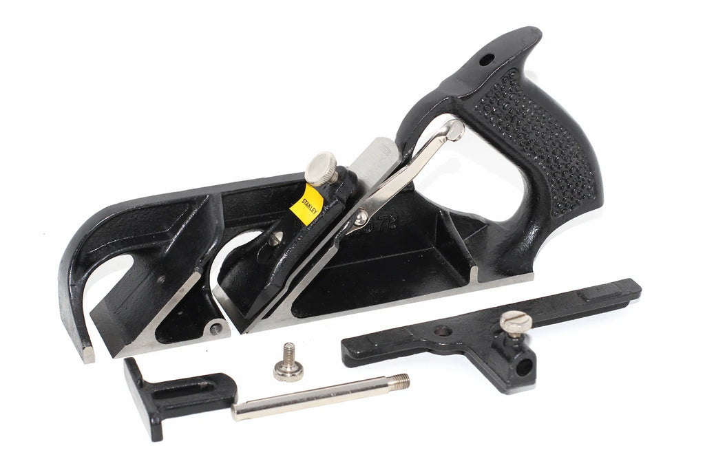 Stanley Duplex Rebate Plane No 078 — diagonal front view with fence and depth stop attachments fitted"
