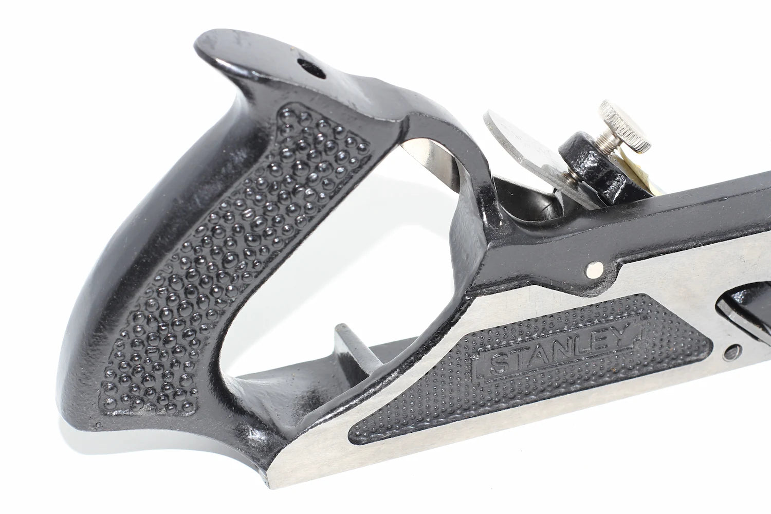 Stanley Duplex Rebate Plane No 078 — close-up of textured finish black metal handle"