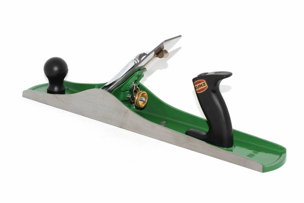 Kunz no 6 Fore Plane corrugated sole A green and silver woodworking hand plane with black knobs, shown on a plain white background. The brand name 'KUNZ' is visible on the handle.