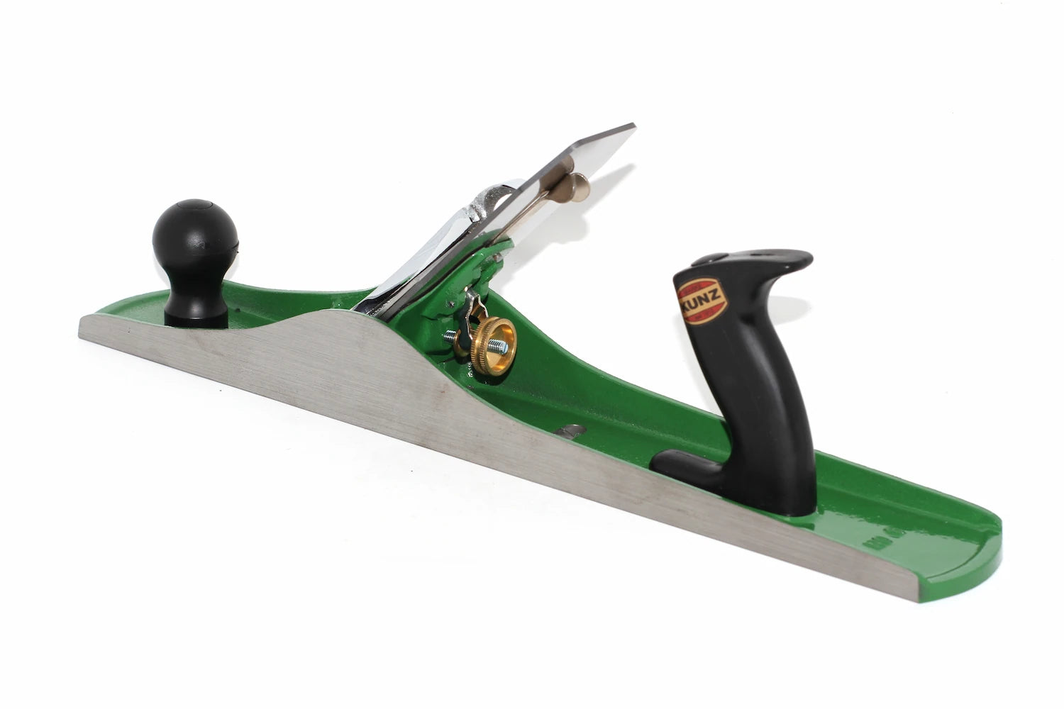 Kunz no 6 Fore Plane corrugated sole A green and silver woodworking hand plane with black knobs, shown on a plain white background. The brand name 'KUNZ' is visible on the handle.