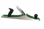 Kunz no 6 Fore Plane corrugated sole A green and silver woodworking plane with black knobs, shown from a side profile on a white background.