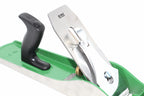 Kunz no 6 Fore Plane corrugated sole A close-up of a green and silver woodworking hand plane with a black rear handle, showing the blade, adjustment screw, and blade adjustment screw  on a white background.