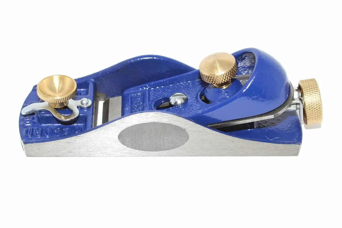 Irwin Record Block Plane No 60 1/2 by Cherry Tree Tools, blue cast iron block plane with brass knobs