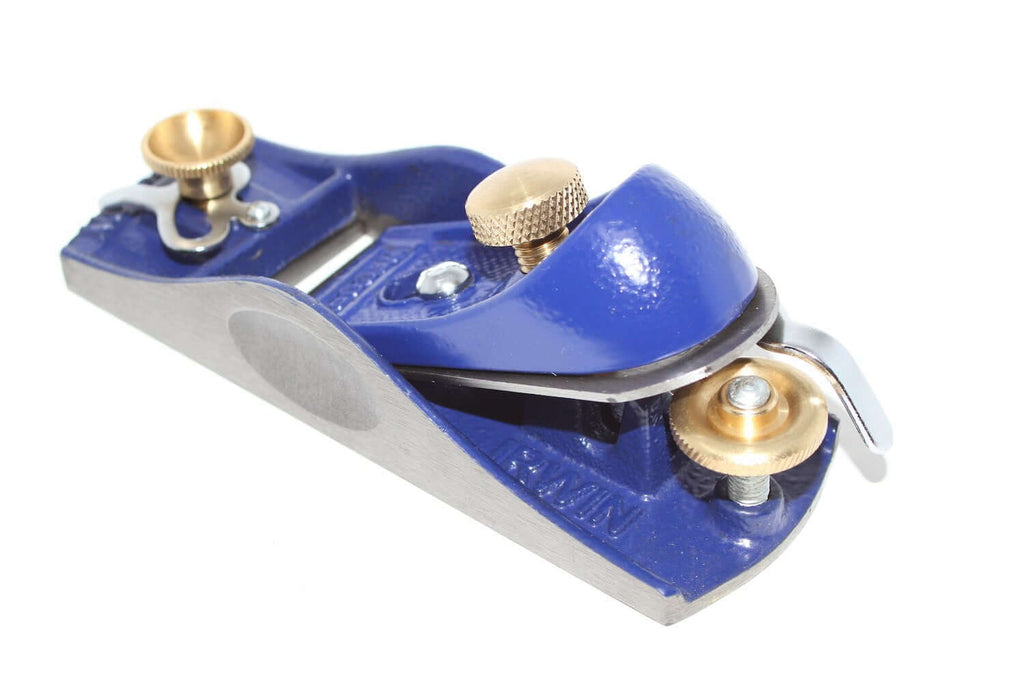 Irwin Record Block Plane 9 1/2 with brass knobs, designed for precision woodworking and smooth finishes.