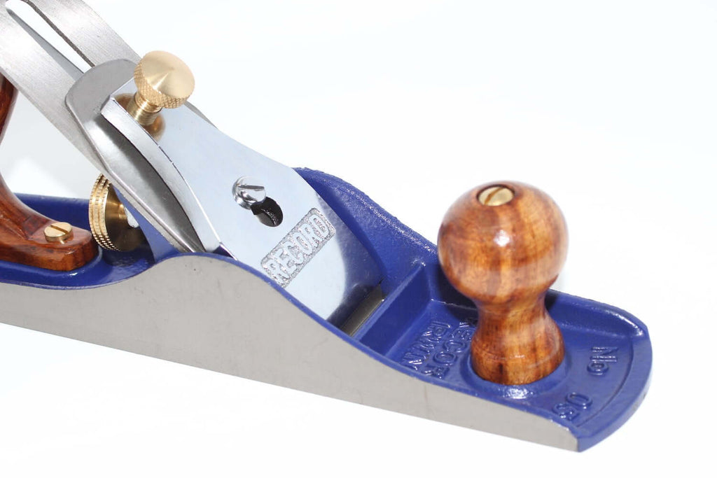 Irwin Record No 5 Jack Plane Woodworking detail with chrome blade and wooden handle.