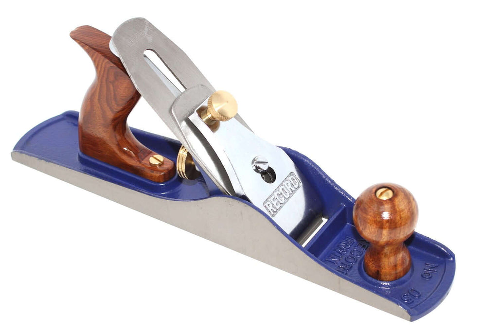 Irwin Record No 5 Jack Plane Woodworking close-up view with wooden handle and precision ground sole.