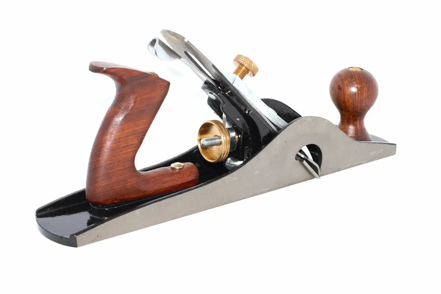 Faithfull no 10 rebate plane with a polished cast iron body, brass adjustment knobs, shown on a plain white background.