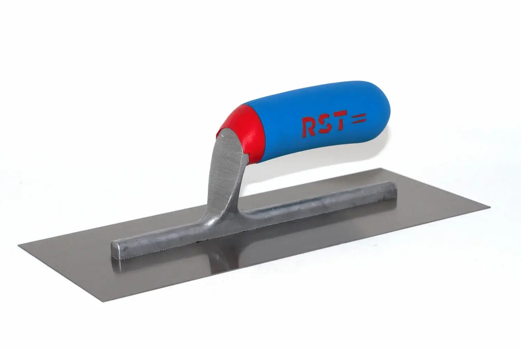 RST 11" finishing trowel with a steel base plate and tang connected to an ergonomic soft grip handle