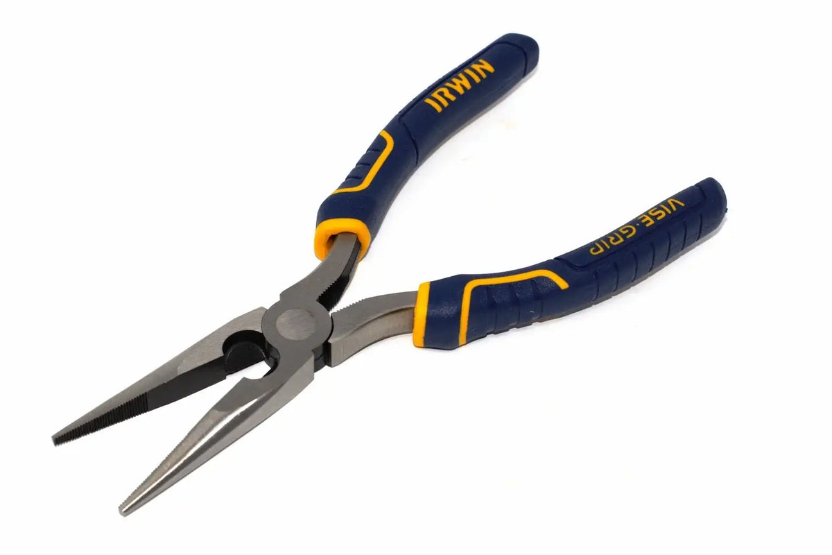 Irwin Vise-Grip 8" long nose pliers by Cherry Tree Tools in blue and yellow with induction-hardened cutting edges