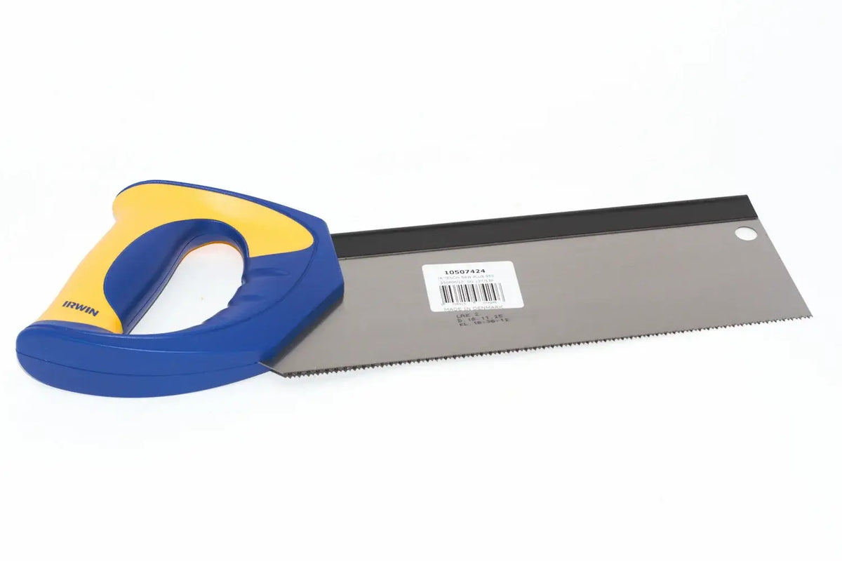 Irwin Jack 10" Tenon Saw by Cherry Tree Tools with blue and yellow handle, steel backed fine cut blade