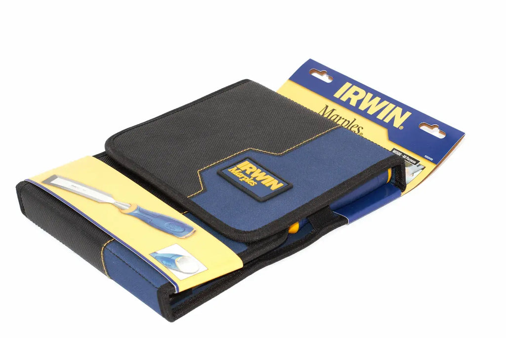Irwin Marples MS500 Chisel Set 5 Piece by Cherry Tree Tools, blue and black tool roll with chisel set