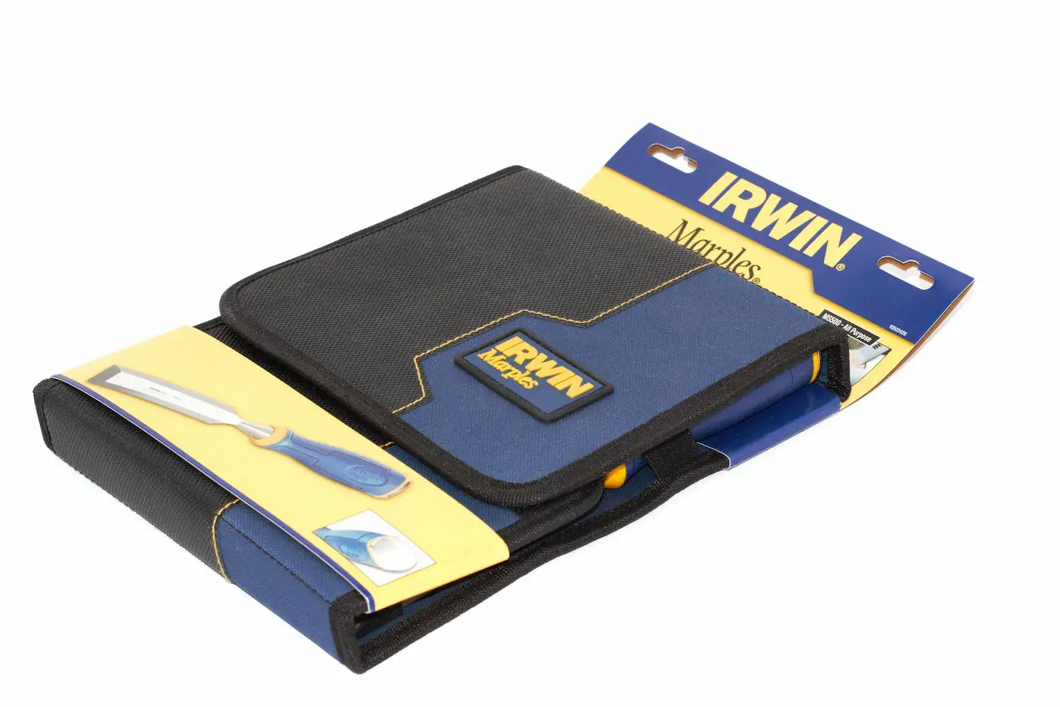 Irwin Marples MS500 Chisel Set 5 Piece by Cherry Tree Tools, blue and black tool roll with chisel set