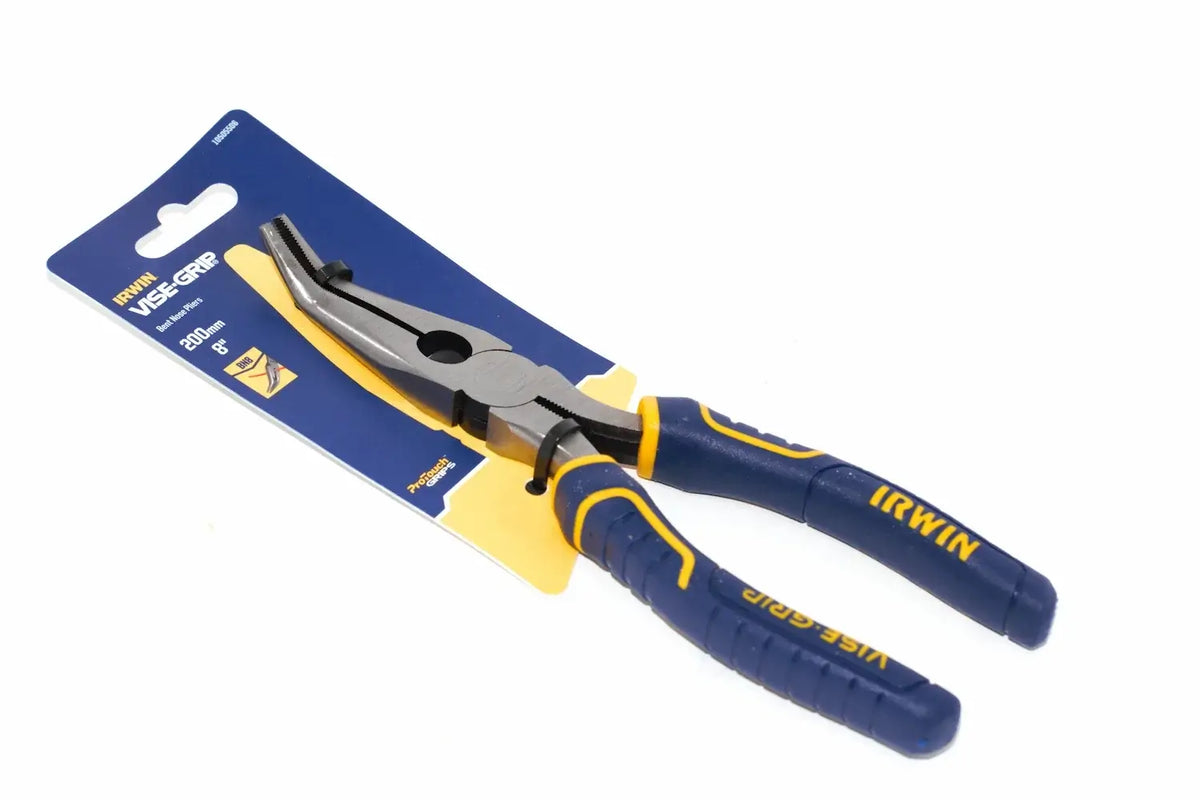 Irwin Vise-Grip 8" bent nose pliers by Cherry Tree Tools, blue and yellow, machined jaws
