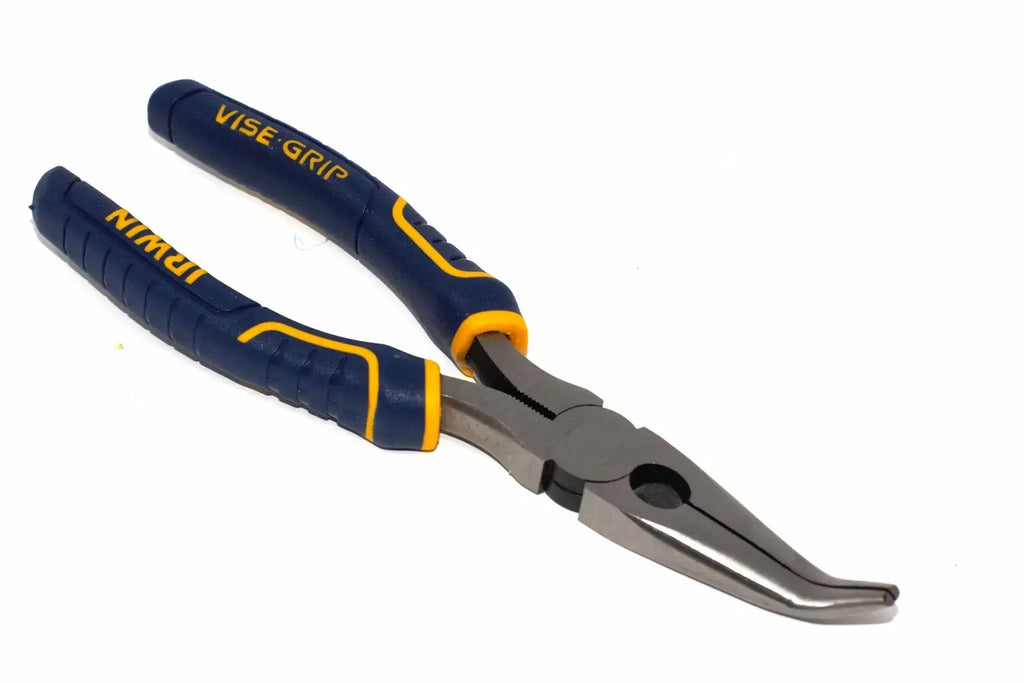 Irwin Vise-Grip 8" Bent Nose Pliers by Cherry Tree Tools in blue and yellow with machined jaws