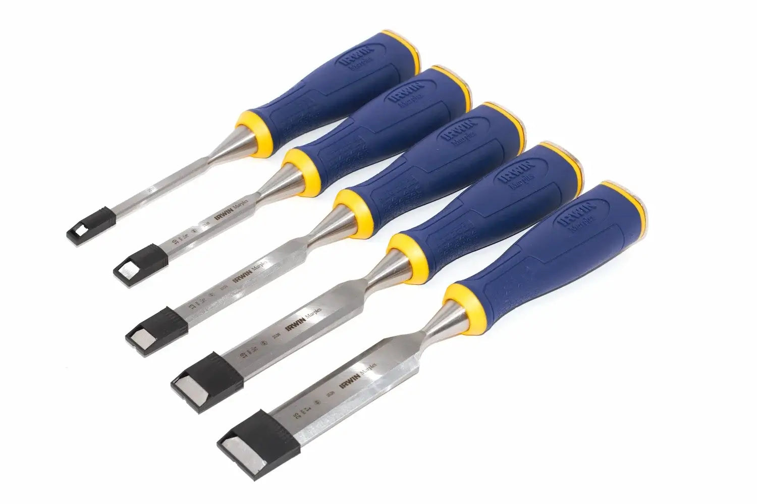 Irwin Marples MS500 Chisel Set 5 Piece by Cherry Tree Tools, blue and yellow wood chisel set with forged blades