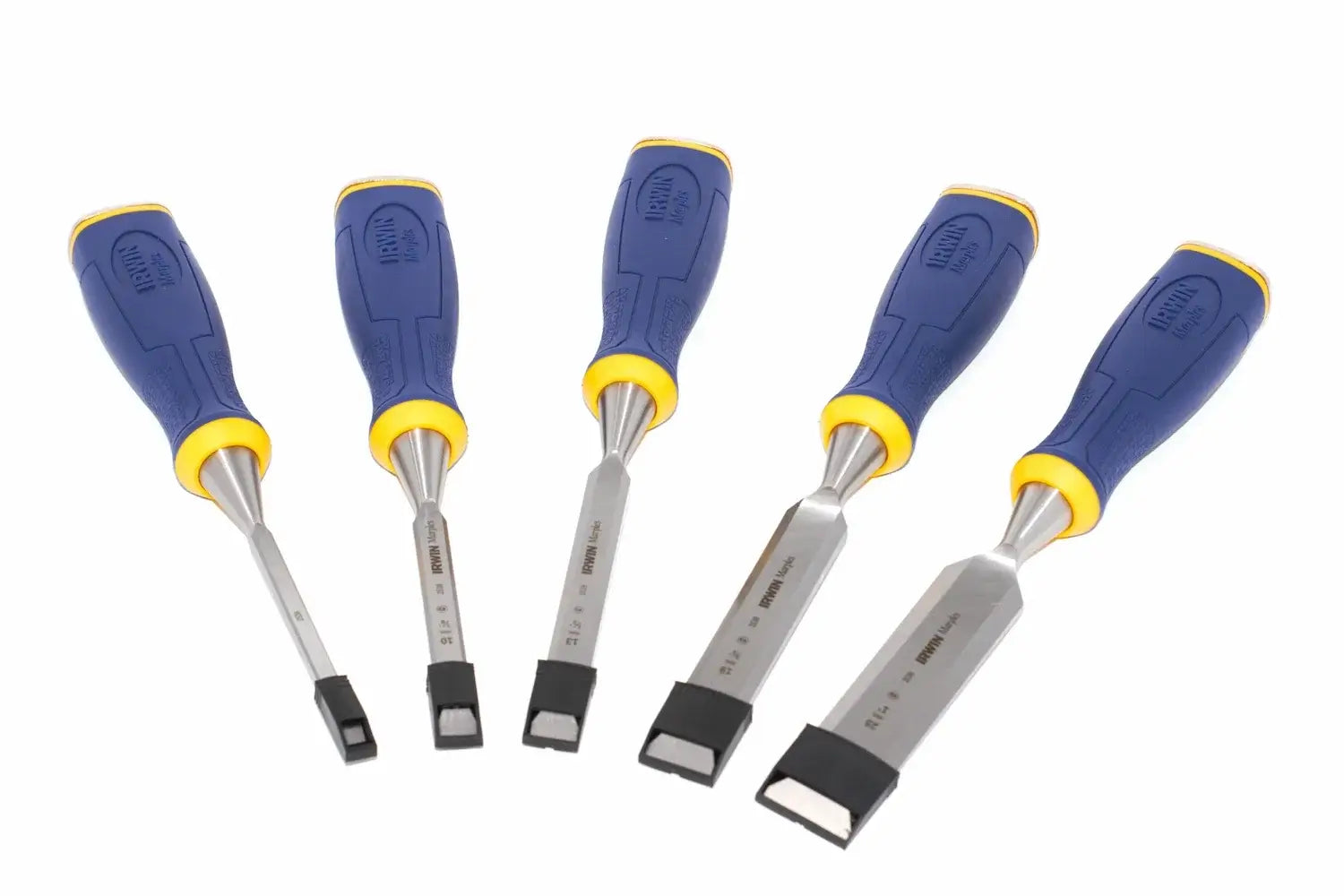 Irwin Marples MS500 chisel set 5 piece by Cherry Tree Tools, blue and yellow ProTouch handles