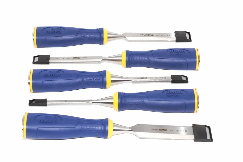 Irwin Marples MS500 Chisel Set 5 Piece by Cherry Tree Tools, blue and silver wood chisel set with forged steel blades