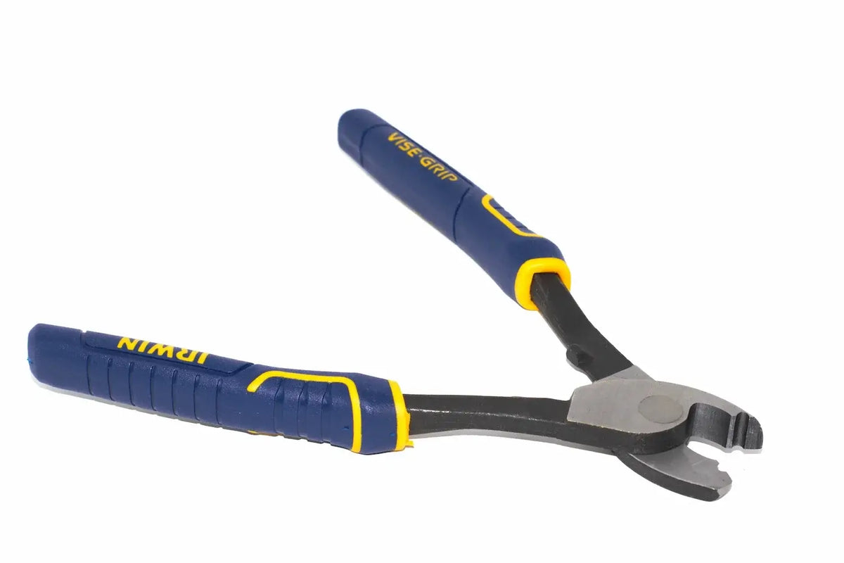 Irwin Vise-Grip 8" cable cutting pliers by Cherry Tree Tools, blue and yellow with induction hardened edges