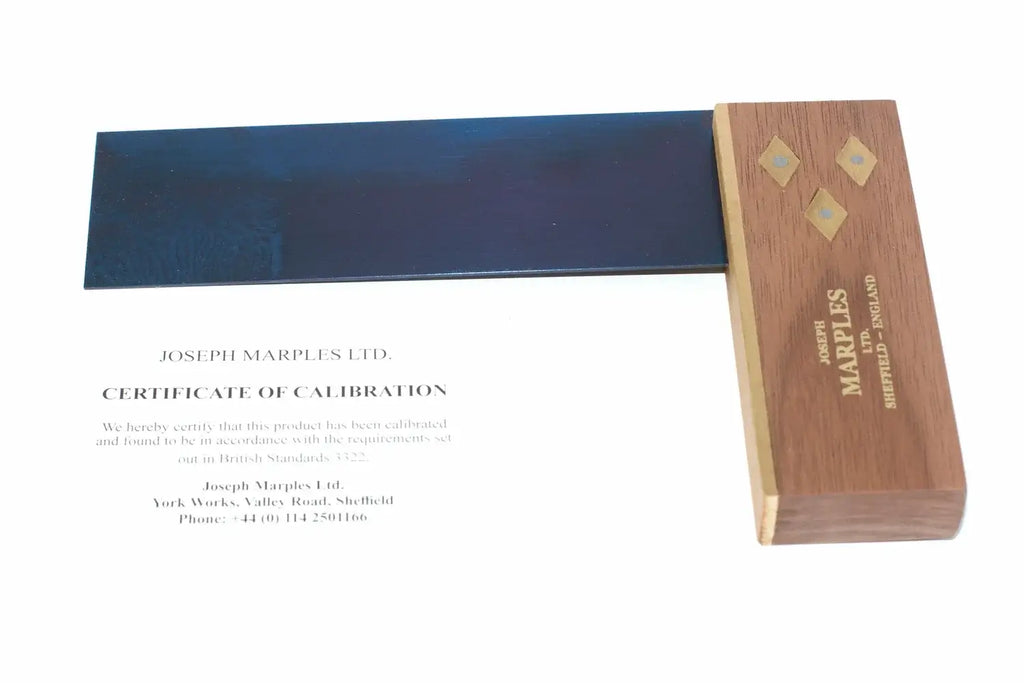 Joseph Marples 6 Walnut Try Square with calibration certificate, showcasing its precision and quality craftsmanship.