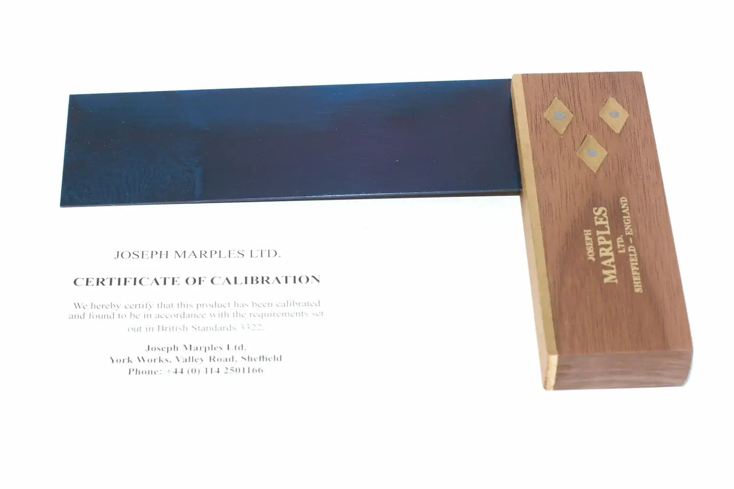 Joseph Marples 6 Walnut Try Square with calibration certificate, showcasing its precision and quality craftsmanship.