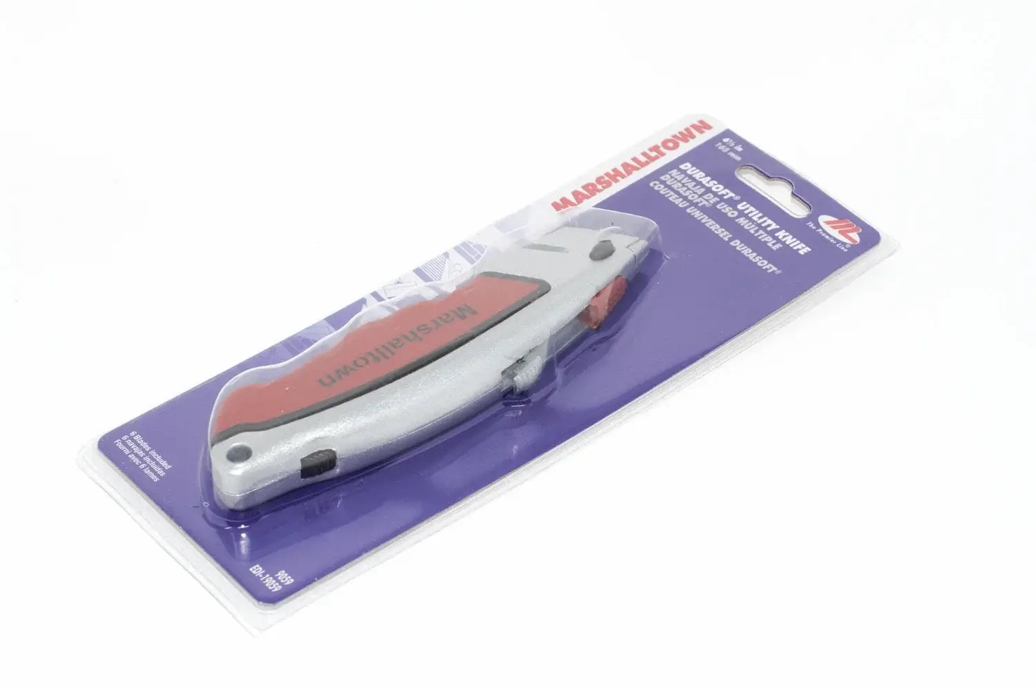 Marshalltown Durasoft Utility Knife in packaging with retractable blade and push button release system.