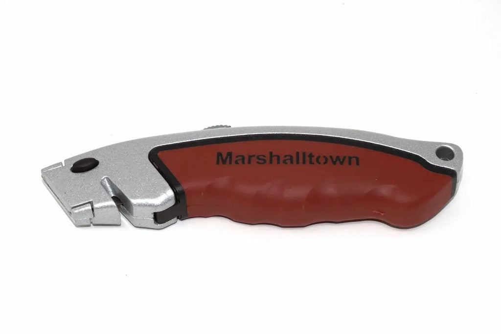Marshalltown Durasoft Utility Knife side view, featuring a red ergonomic handle and retractable blade.