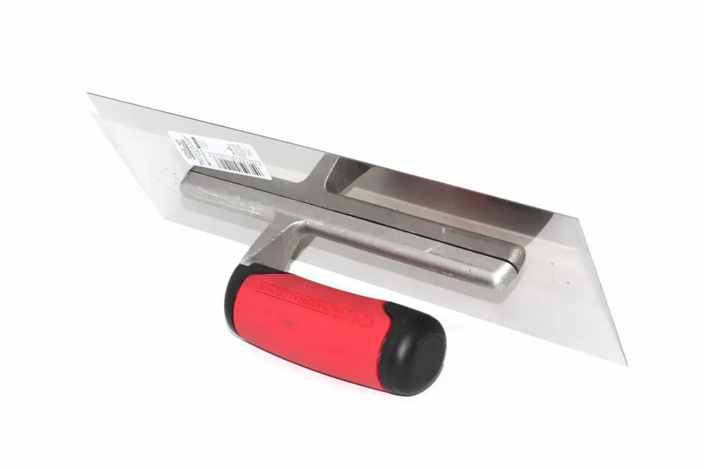 Marshalltown QLT finishing trowel from Cherry Tree Tools with a polished stainless steel blade and red and black handle.