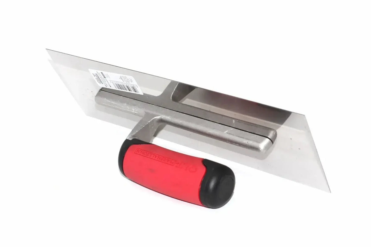 Marshalltown QLT finishing trowel from Cherry Tree Tools with a polished stainless steel blade and red and black handle.