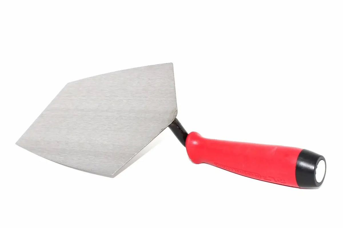 Marshalltown QLT bucket trowel, 7 1/2 inch, with a red soft grip handle and high carbon steel blade from Cherry Tree Tools.