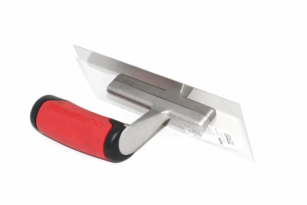 Marshalltown QLT small trowel from Cherry Tree Tools with a red soft-grip handle and carbon steel blade.