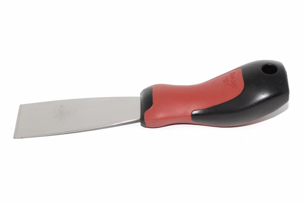 Marshalltown 38mm stiff putty knife from Cherry Tree Tools with a red and black Durasoft handle and hanging hole.