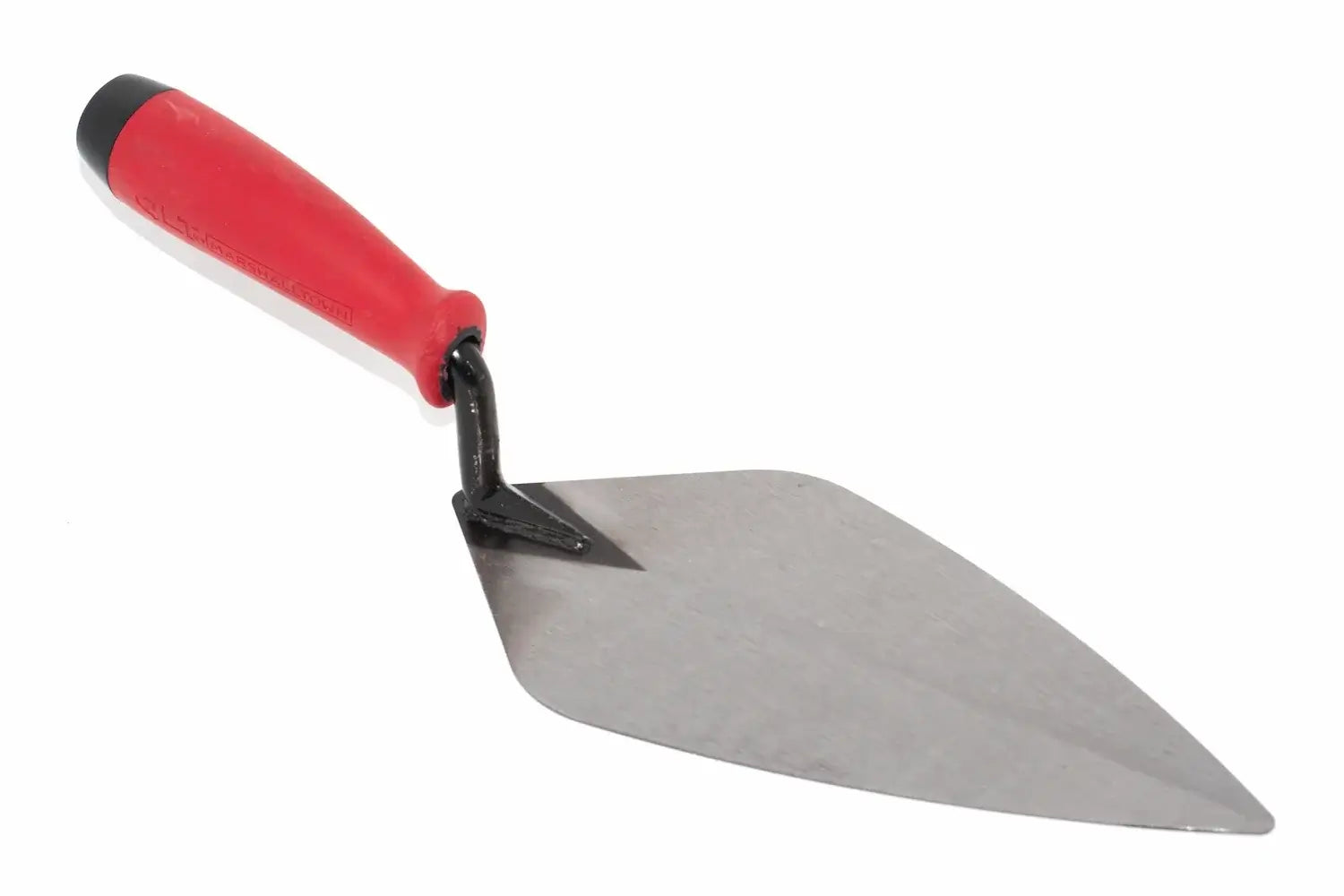 Marshalltown 10 Brick Trowel with red durasoft handle and durable carbon steel blade for precise mortar application.