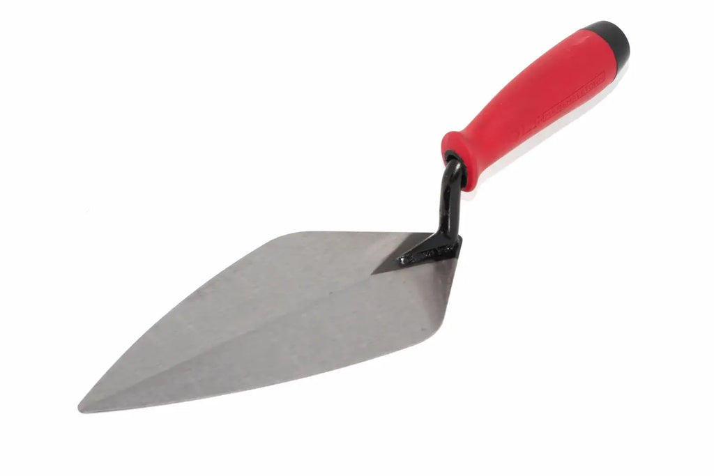 Marshalltown 10 Brick Trowel showing a sharp carbon steel blade and ergonomic durasoft handle for precise mortar application.