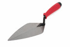 Marshalltown 10 Brick Trowel showing a sharp carbon steel blade and ergonomic durasoft handle for precise mortar application.