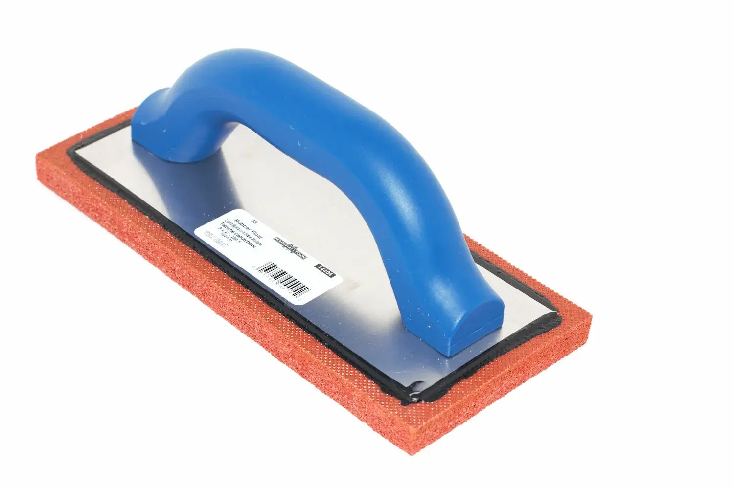 Marshalltown 9 x 4 Fine Rubber Float with blue handle and textured pad for plastering and concrete finishing.