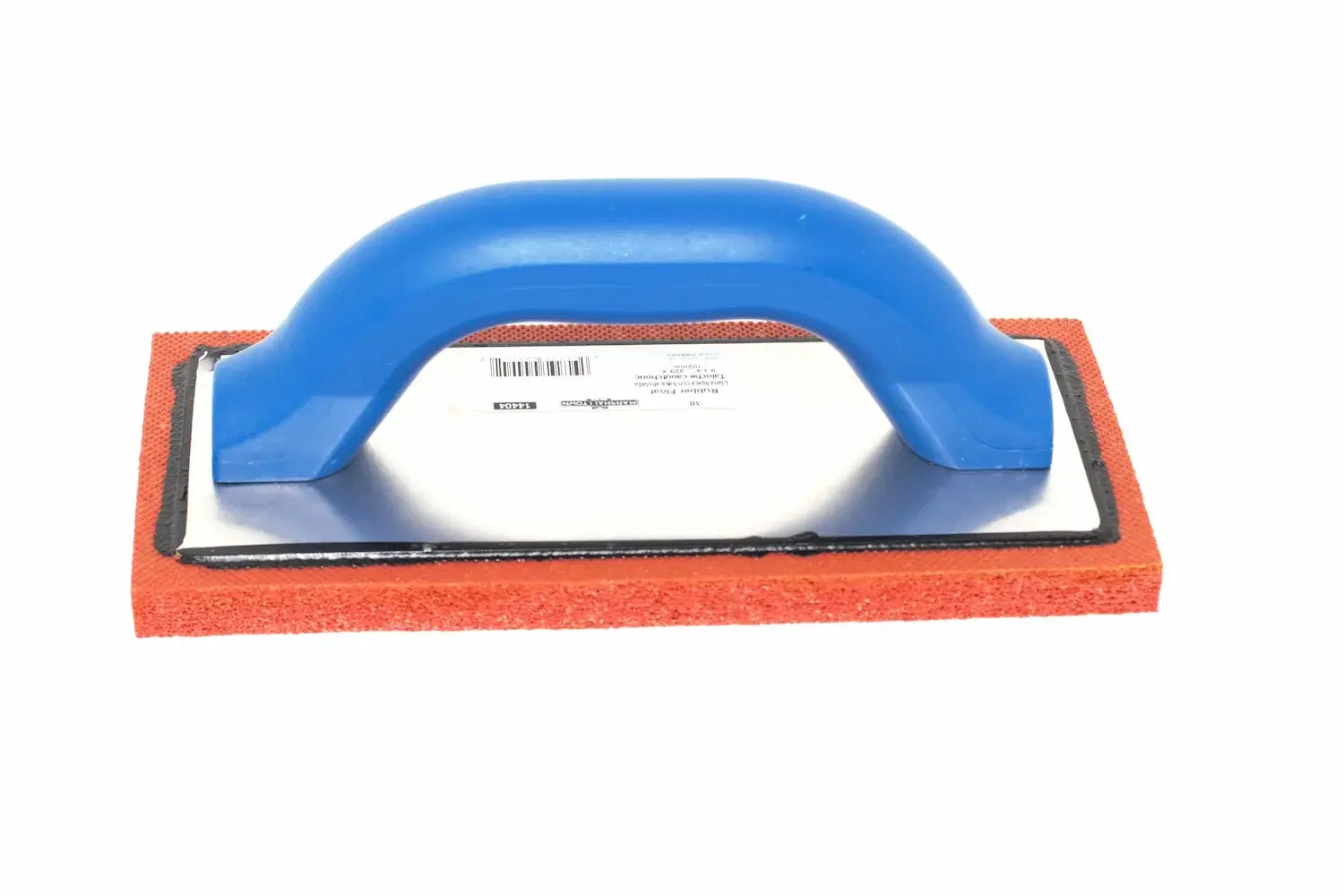 Marshalltown 9 x 4 Fine Rubber Float with blue handle and textured rubber pad for smooth finishing.