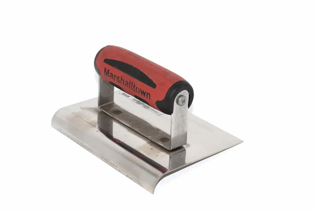 Cherry Tree Tools Marshalltown Edging Trowel with a polished stainless steel blade and red and black handle.
