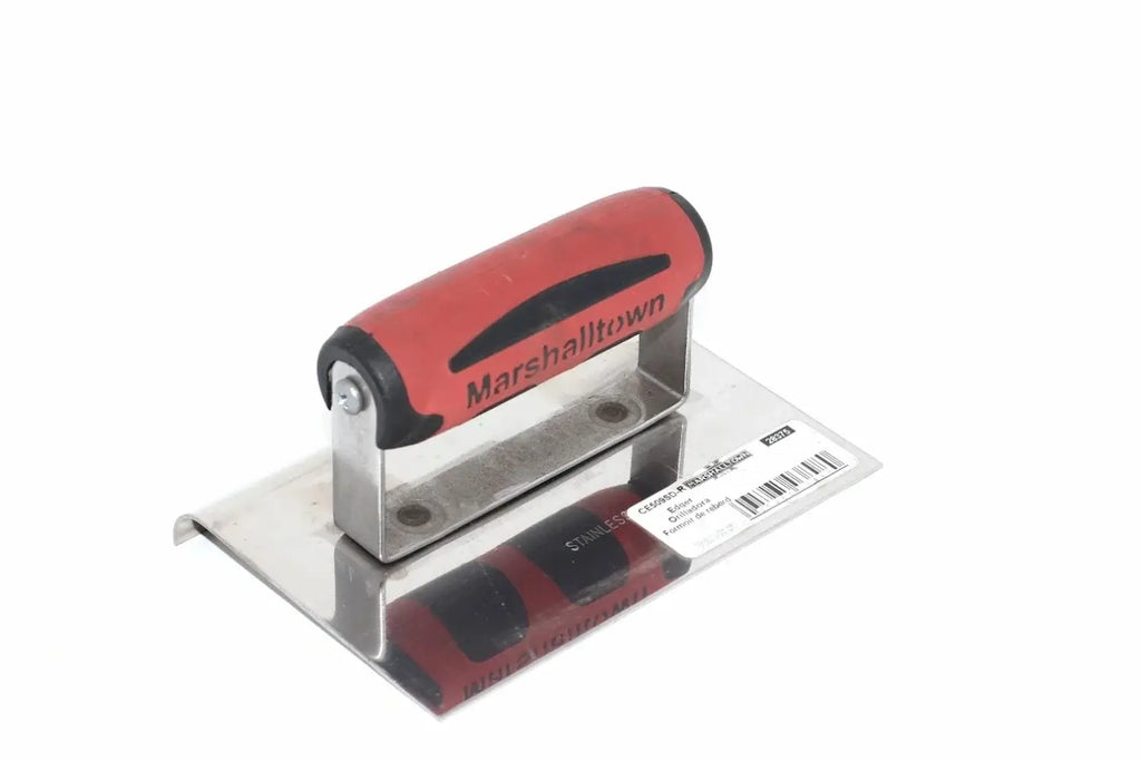Marshalltown Edging Trowel from Cherry Tree Tools with a red DuraSoft handle and polished stainless steel blade.