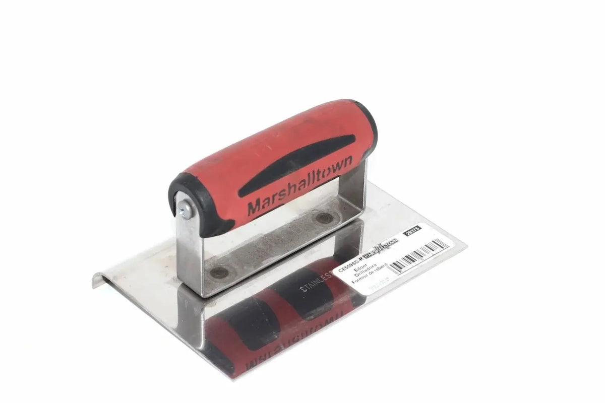 Marshalltown Edging Trowel from Cherry Tree Tools with a red DuraSoft handle and polished stainless steel blade.