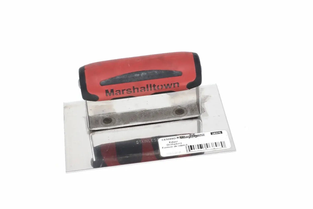 Marshalltown Edging Trowel from Cherry Tree Tools with a red DuraSoft handle and polished stainless steel blade.