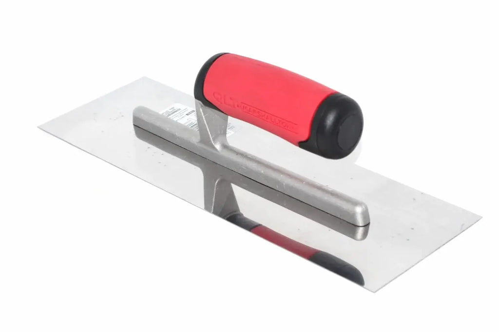 Marshalltown QLT finishing trowel from Cherry Tree Tools with a red soft feel shaped handle and polished stainless steel