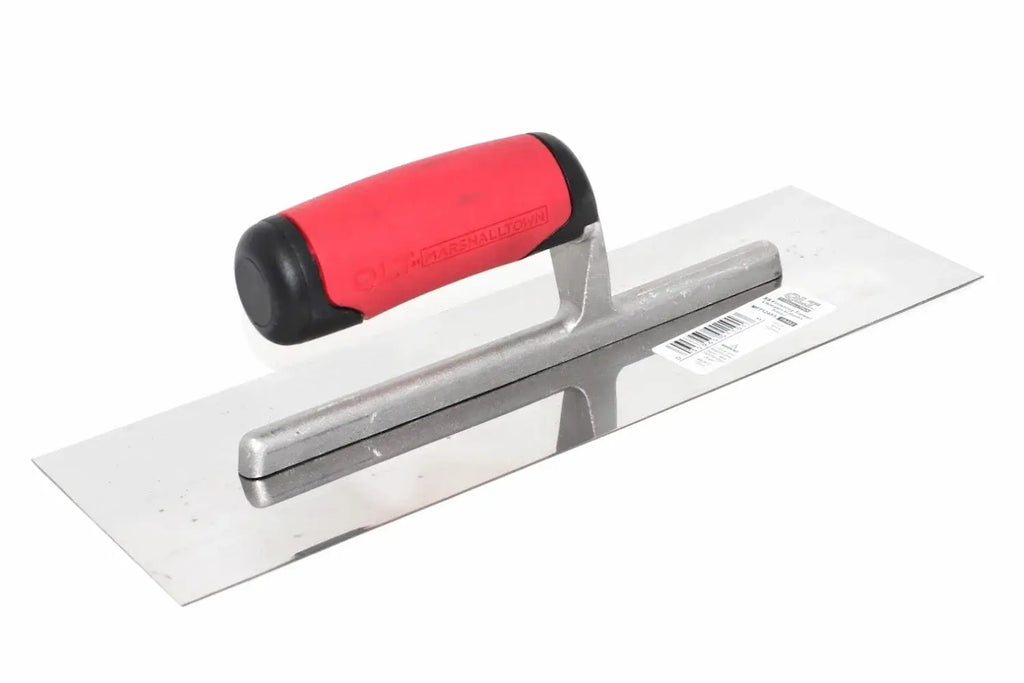 Marshalltown QLT finishing trowel from Cherry Tree Tools with a polished stainless steel blade and red and black handle.