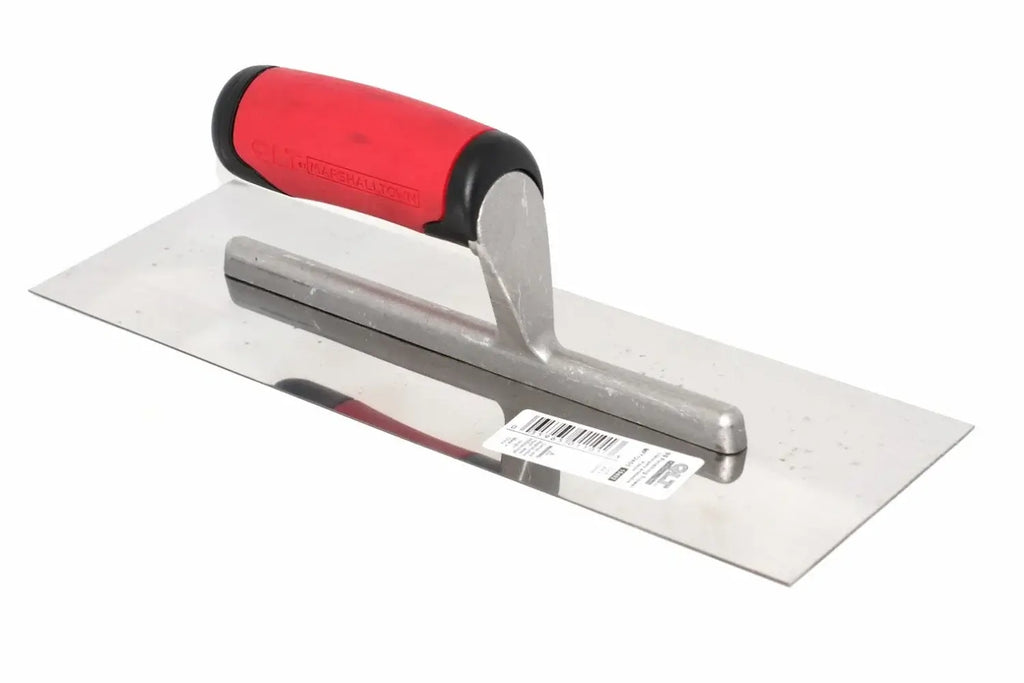 Marshalltown QLT finishing trowel with a red soft feel shaped handle and polished stainless steel blade by Cherry Tree Tools.