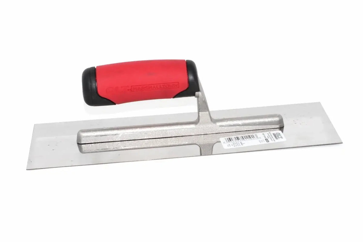 Marshalltown QLT finishing trowel from Cherry Tree Tools with a red and black handle and polished stainless steel blade.