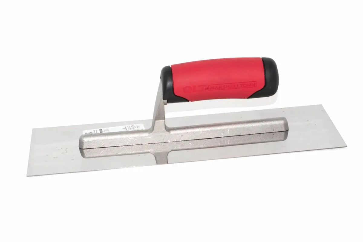 Marshalltown QLT finishing trowel from Cherry Tree Tools, with a red soft feel shaped handle and polished stainless steel