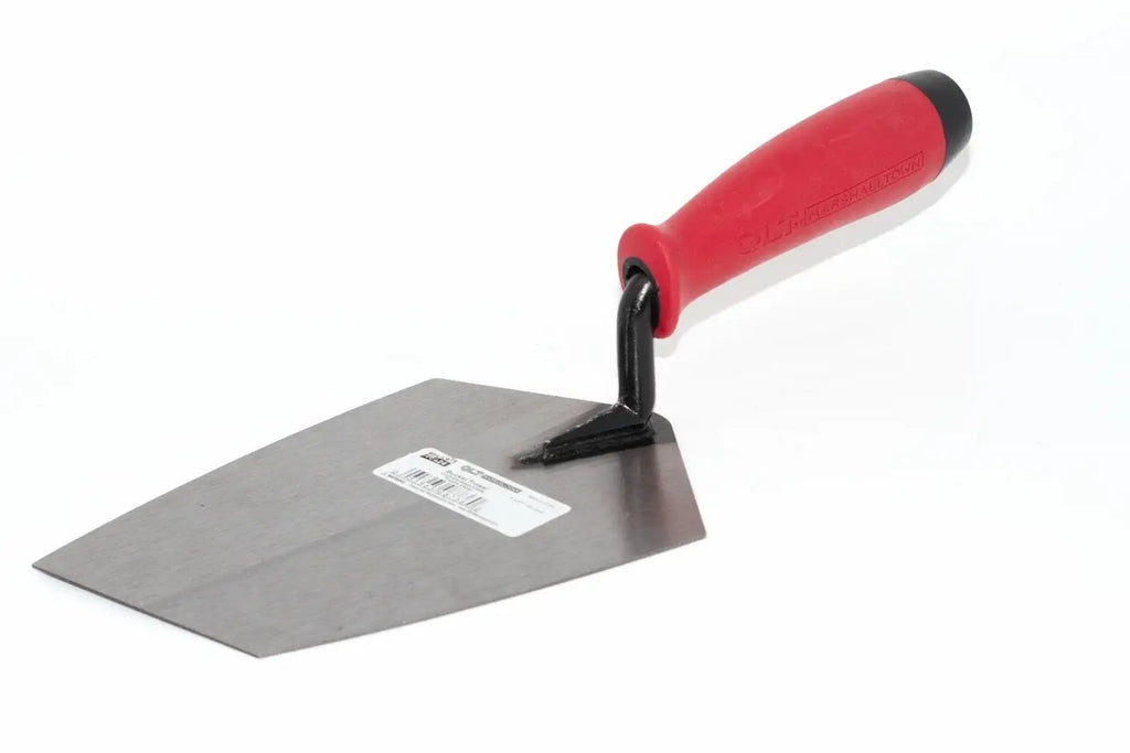 Marshalltown QLT Bucket Trowel 7 1/2" from Cherry Tree Tools with red soft-grip handle and high carbon steel blade.