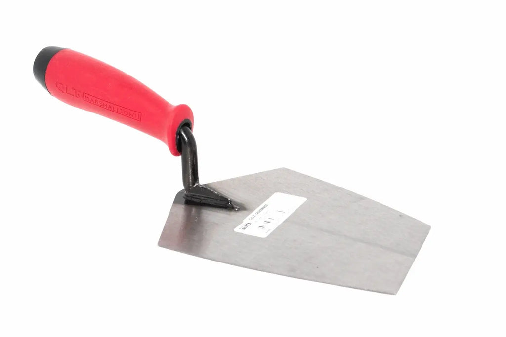 Marshalltown QLT bucket trowel from Cherry Tree Tools with a red soft grip handle and high carbon steel blade.