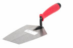 Marshalltown QLT bucket trowel from Cherry Tree Tools with a red soft grip handle and high carbon steel blade.