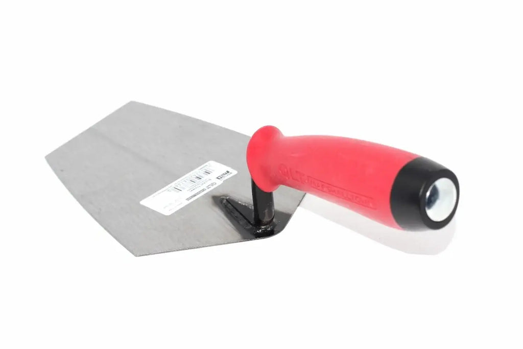 Marshalltown QLT bucket trowel, 7 1/2 inch, from Cherry Tree Tools with red soft grip handle and high carbon steel blade.
