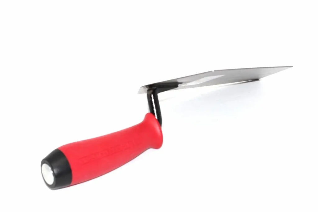Marshalltown QLT bucket trowel from Cherry Tree Tools with a red handle and high carbon steel blade